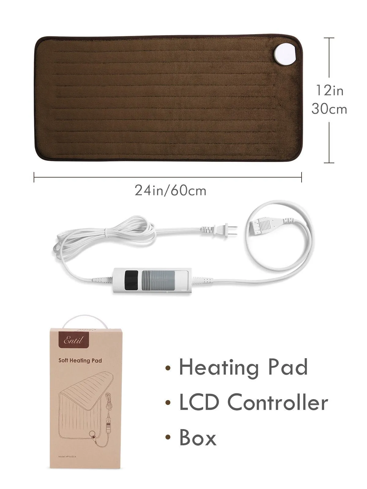 Large 12" x 24" Size Heating Pad with 3 Heat Settings and 2 Hour Auto shut off, Chestnut