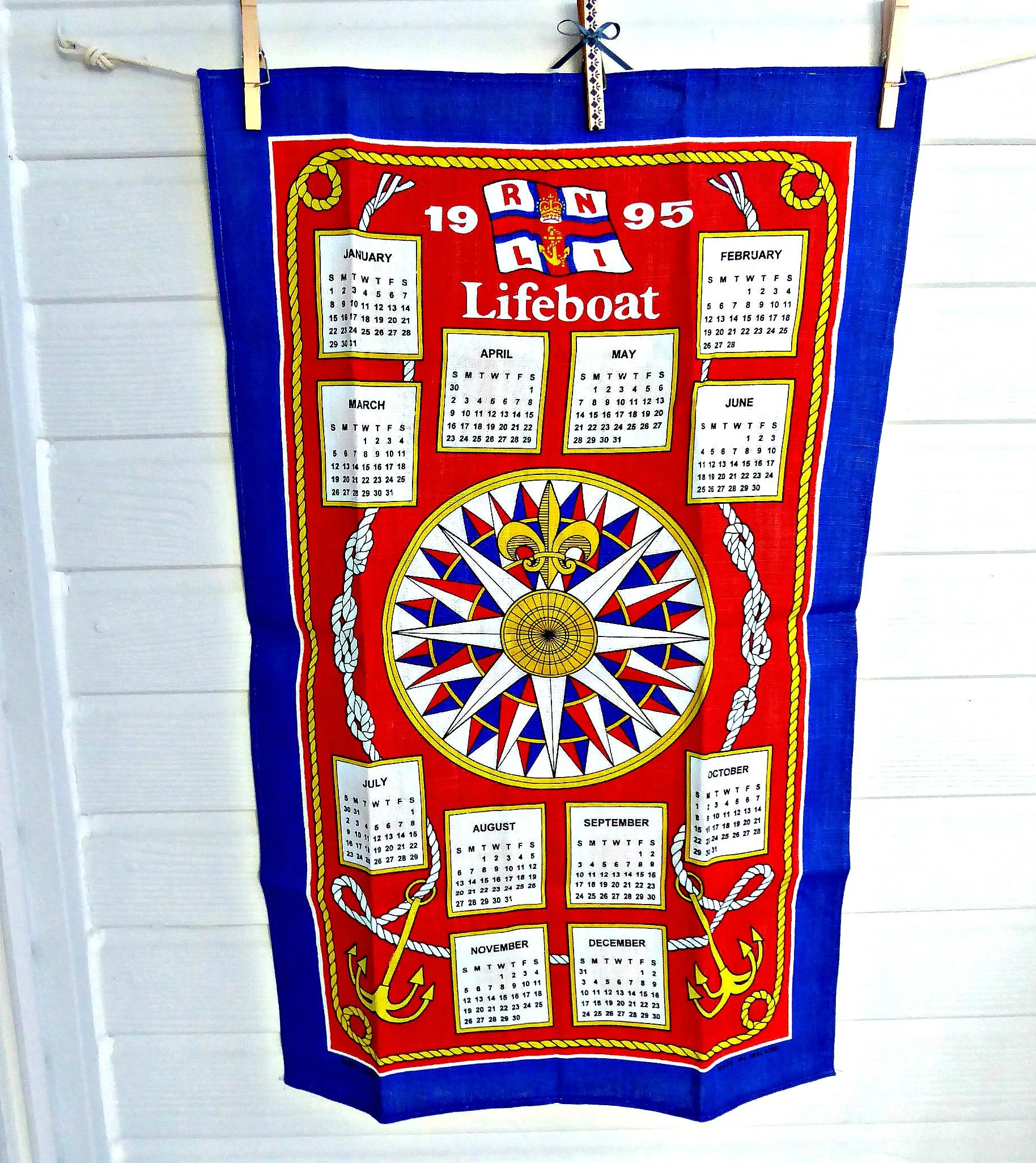 Lifeboat RNLI Calendar Towel 1995 Tea Dish Towel English Charity Kitchen Unused