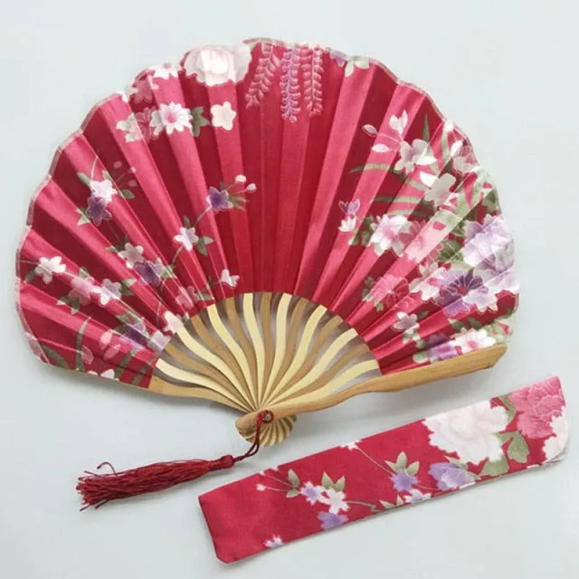 Lot of Personalized Chinese Japanese Fabric Floral Round Folding Hand Fan with Gift Bags Wedding Party Supplies