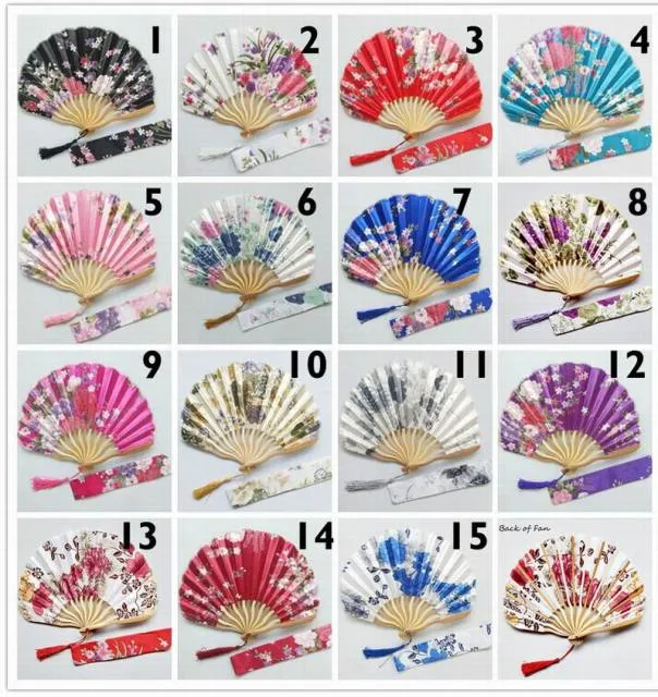 Lot of Personalized Chinese Japanese Fabric Floral Round Folding Hand Fan with Gift Bags Wedding Party Supplies