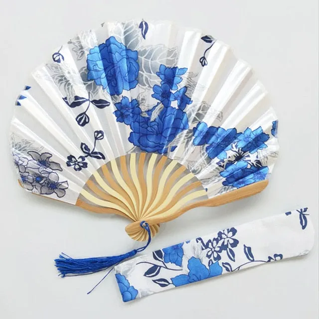 Lot of Personalized Chinese Japanese Fabric Floral Round Folding Hand Fan with Gift Bags Wedding Party Supplies