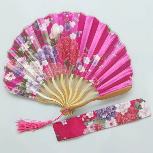 Lot of Personalized Chinese Japanese Fabric Floral Round Folding Hand Fan with Gift Bags Wedding Party Supplies