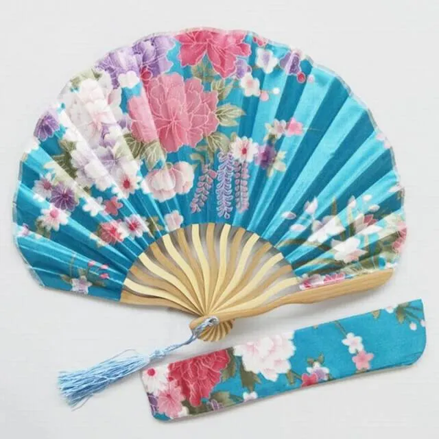 Lot of Personalized Chinese Japanese Fabric Floral Round Folding Hand Fan with Gift Bags Wedding Party Supplies