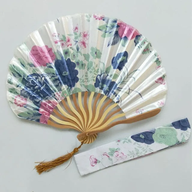 Lot of Personalized Chinese Japanese Fabric Floral Round Folding Hand Fan with Gift Bags Wedding Party Supplies