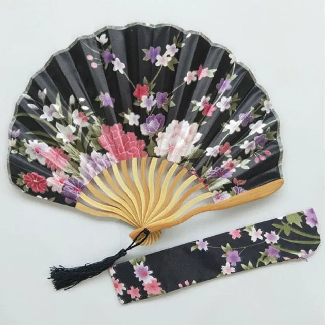 Lot of Personalized Chinese Japanese Fabric Floral Round Folding Hand Fan with Gift Bags Wedding Party Supplies