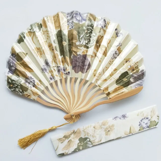 Lot of Personalized Chinese Japanese Fabric Floral Round Folding Hand Fan with Gift Bags Wedding Party Supplies