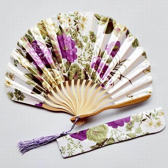 Lot of Personalized Chinese Japanese Fabric Floral Round Folding Hand Fan with Gift Bags Wedding Party Supplies