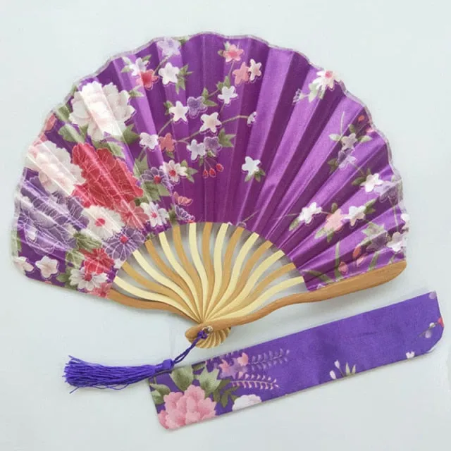 Lot of Personalized Chinese Japanese Fabric Floral Round Folding Hand Fan with Gift Bags Wedding Party Supplies