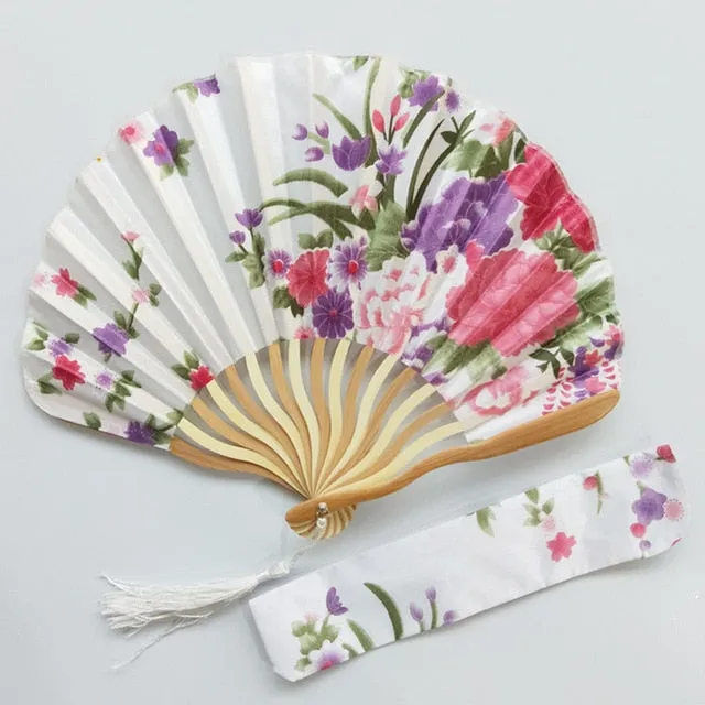 Lot of Personalized Chinese Japanese Fabric Floral Round Folding Hand Fan with Gift Bags Wedding Party Supplies