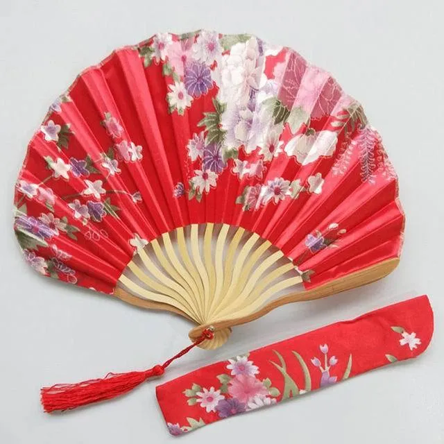 Lot of Personalized Chinese Japanese Fabric Floral Round Folding Hand Fan with Gift Bags Wedding Party Supplies