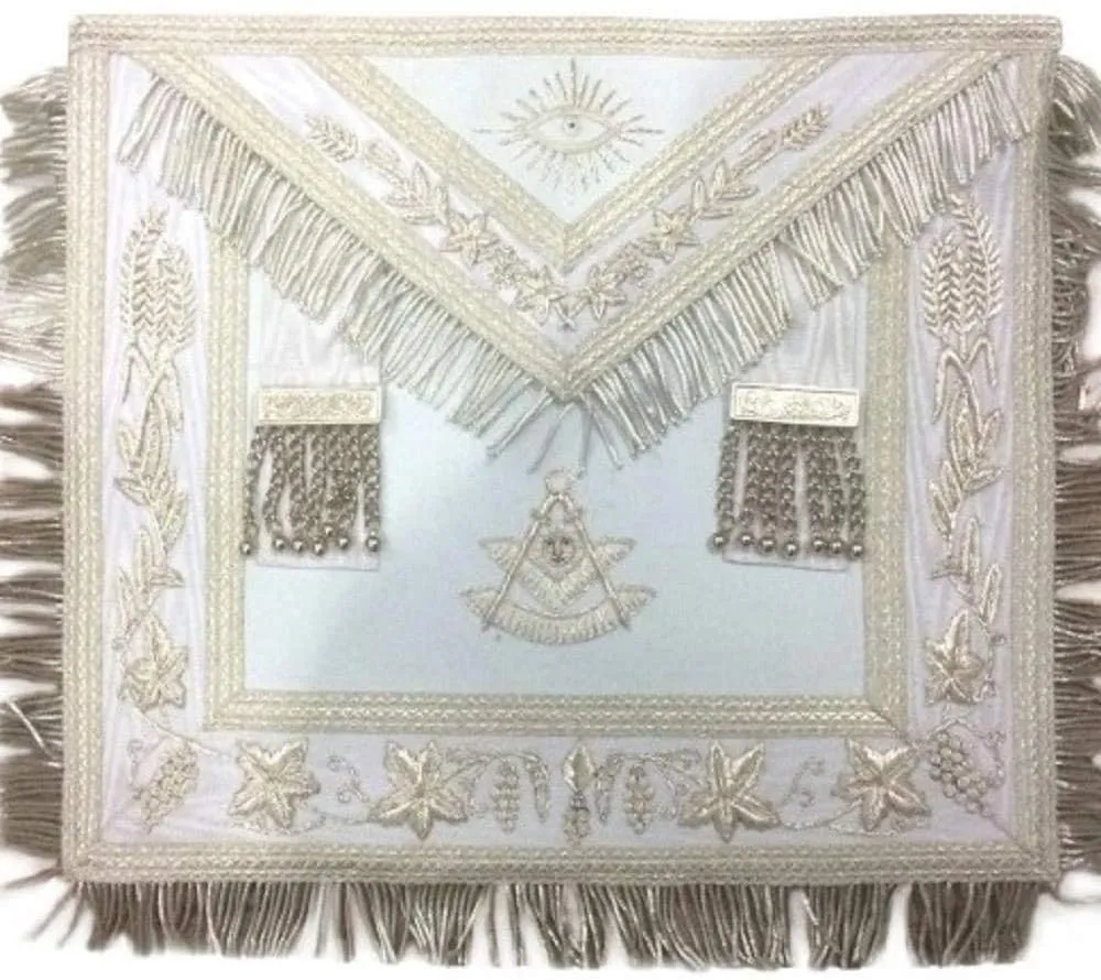 Masonic White Blue Lodge Past Master Apron Hand Embroidered Bullion Vine