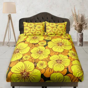 Mid Century Modern Fitted Sheet Deep Pocket, Yellow Orange Floral Prints, Aesthetic Boho Bedding Set Full, Elastic Bedsheet, Dorm Bedding