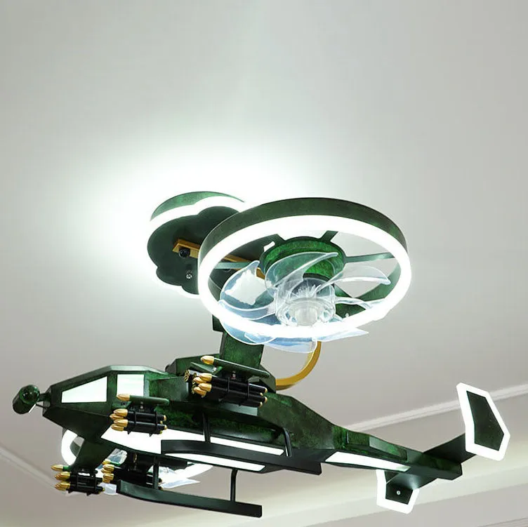 Modern Children's Helicopter Hardware Acrylic LED Semi-Flush Mount Ceiling Fan Light