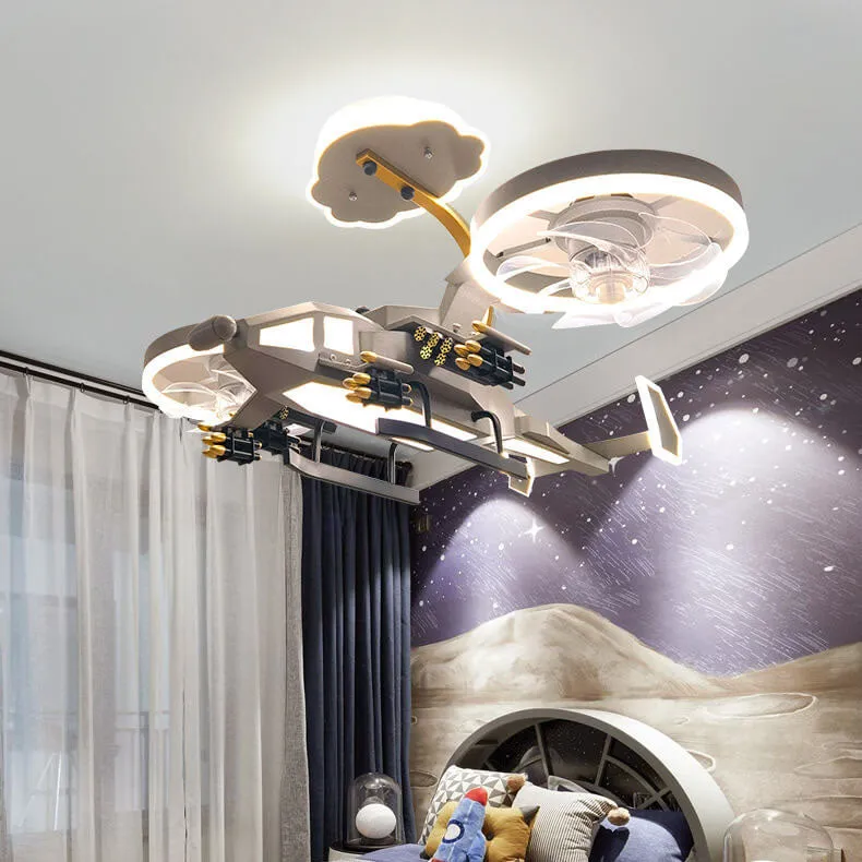 Modern Children's Helicopter Hardware Acrylic LED Semi-Flush Mount Ceiling Fan Light