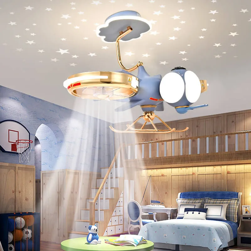 Modern Creative Resin Cartoon Airplane LED Flush Mount Ceiling Fan Light