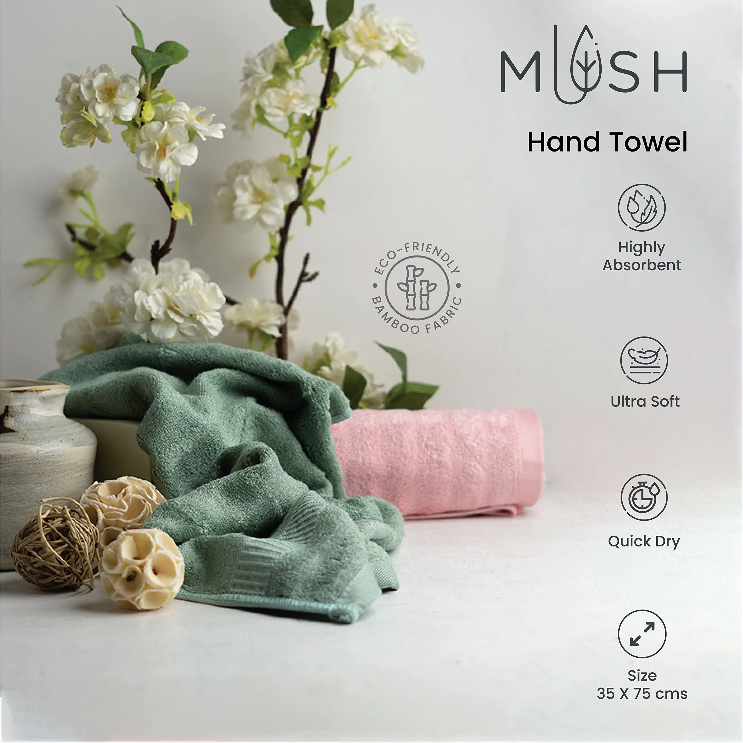 Mush 600 GSM Hand Towel Set of 2 | 100% Bamboo Hand Towel |Ultra Soft, Absorbent & Quick Dry Towel for Gym, Pool, Travel, Spa and Yoga | 29.5 x 14 Inches (Navy Blue & Grey)