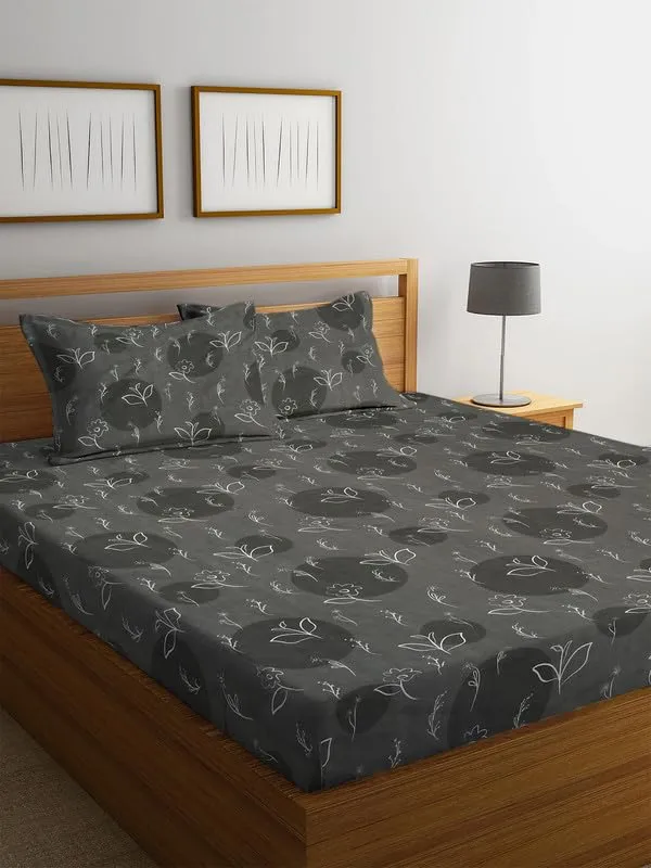 NHD HOME Premium 100% Cotton 210tc Flat Double Bed Bedsheets for Summer Breathable | Wrinklefree (Size-90 x 90 Cm) with 2 Pillow Covers (Size-17 X 27 Inches,Floral, Dark Grey)