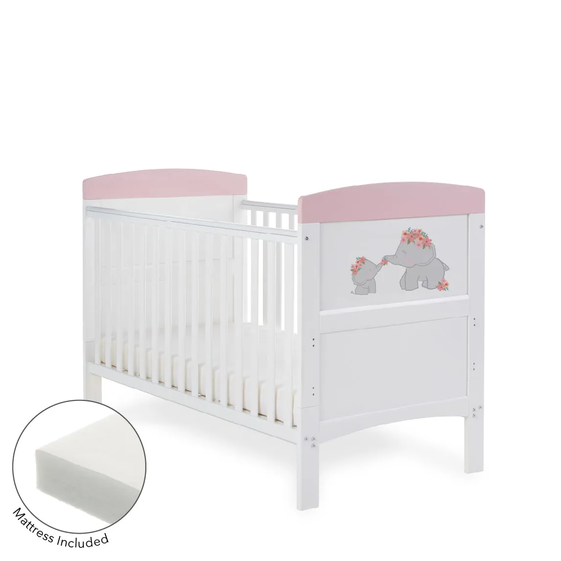 Obaby Grace Inspire Cot Bed & Fibre Mattress – Me & Mini Me Elephants – Pink