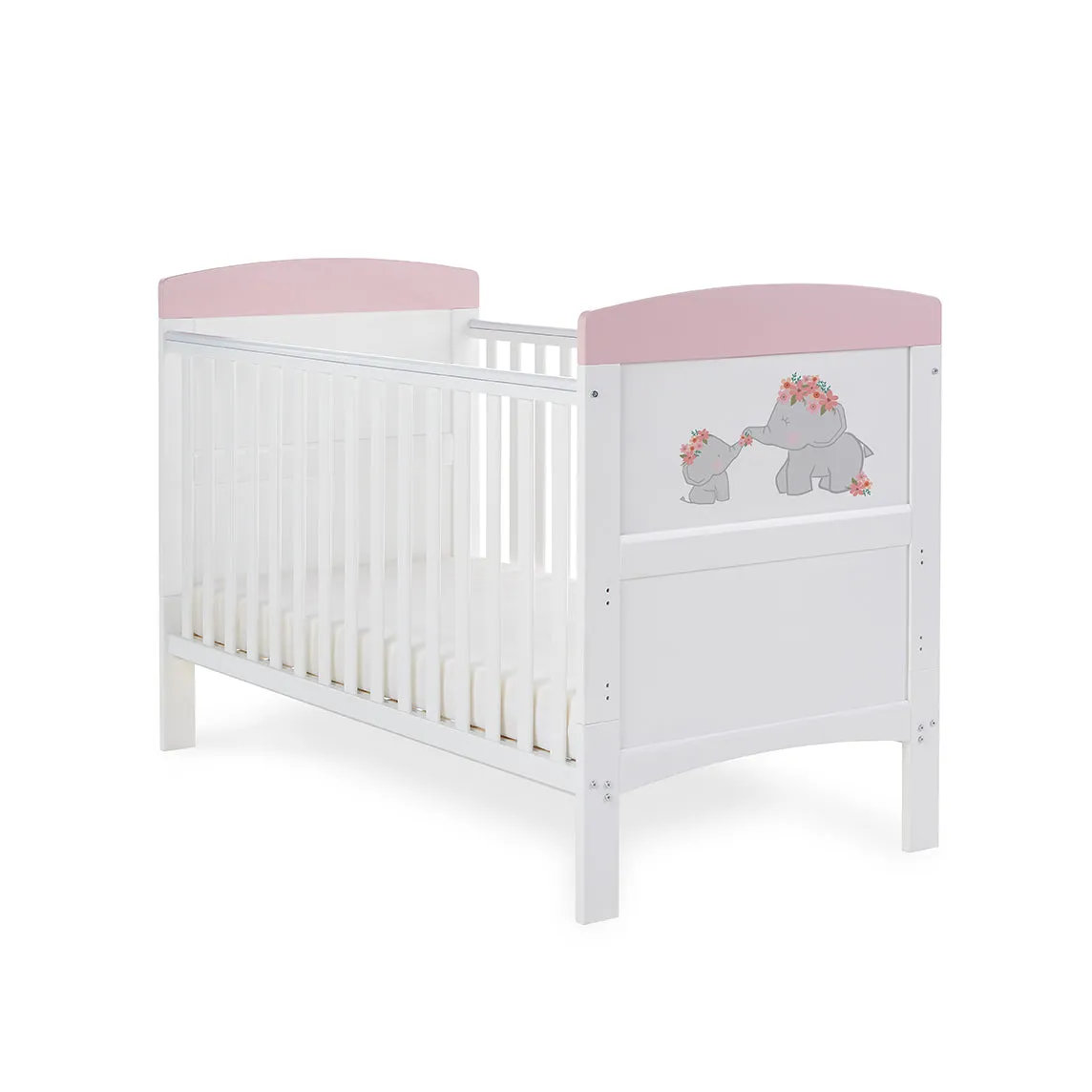 Obaby Grace Inspire Cot Bed & Fibre Mattress – Me & Mini Me Elephants – Pink