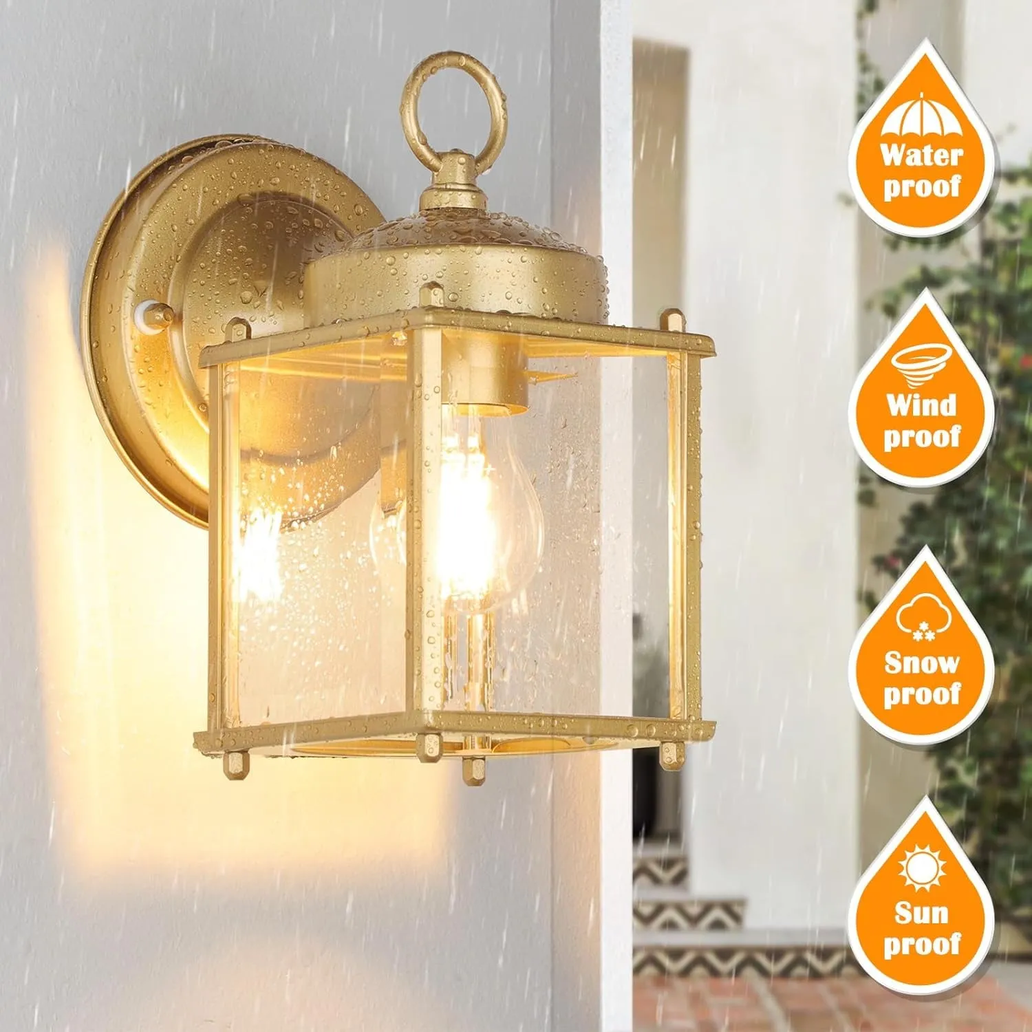 Outdoor Wall Lantern, Exterior Waterproof Wall Sconce Light Fixtures, Gold Front Door Wall Lighting with Clear Beveled Glass Shade, 2 Pack