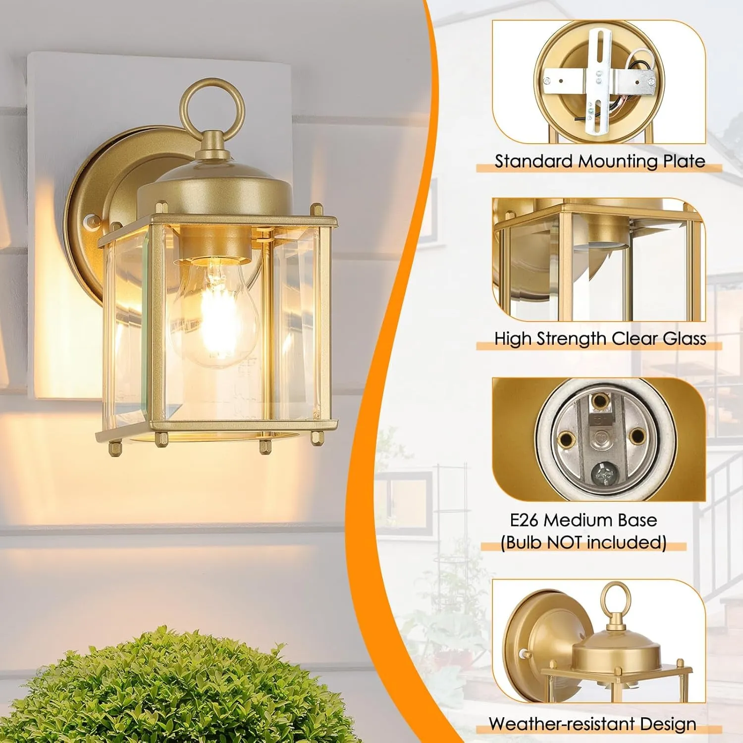 Outdoor Wall Lantern, Exterior Waterproof Wall Sconce Light Fixtures, Gold Front Door Wall Lighting with Clear Beveled Glass Shade, 2 Pack