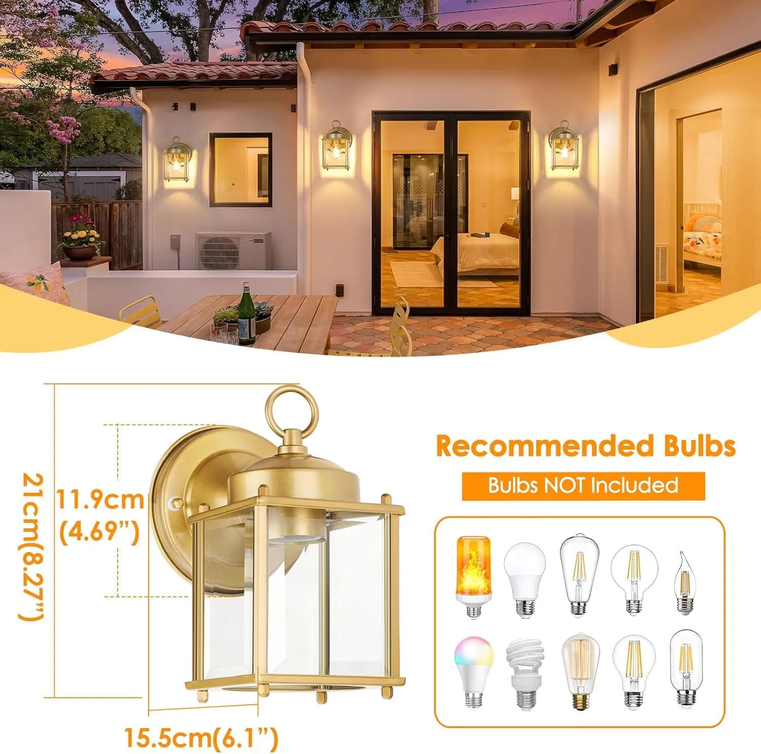 Outdoor Wall Lantern, Exterior Waterproof Wall Sconce Light Fixtures, Gold Front Door Wall Lighting with Clear Beveled Glass Shade, 2 Pack