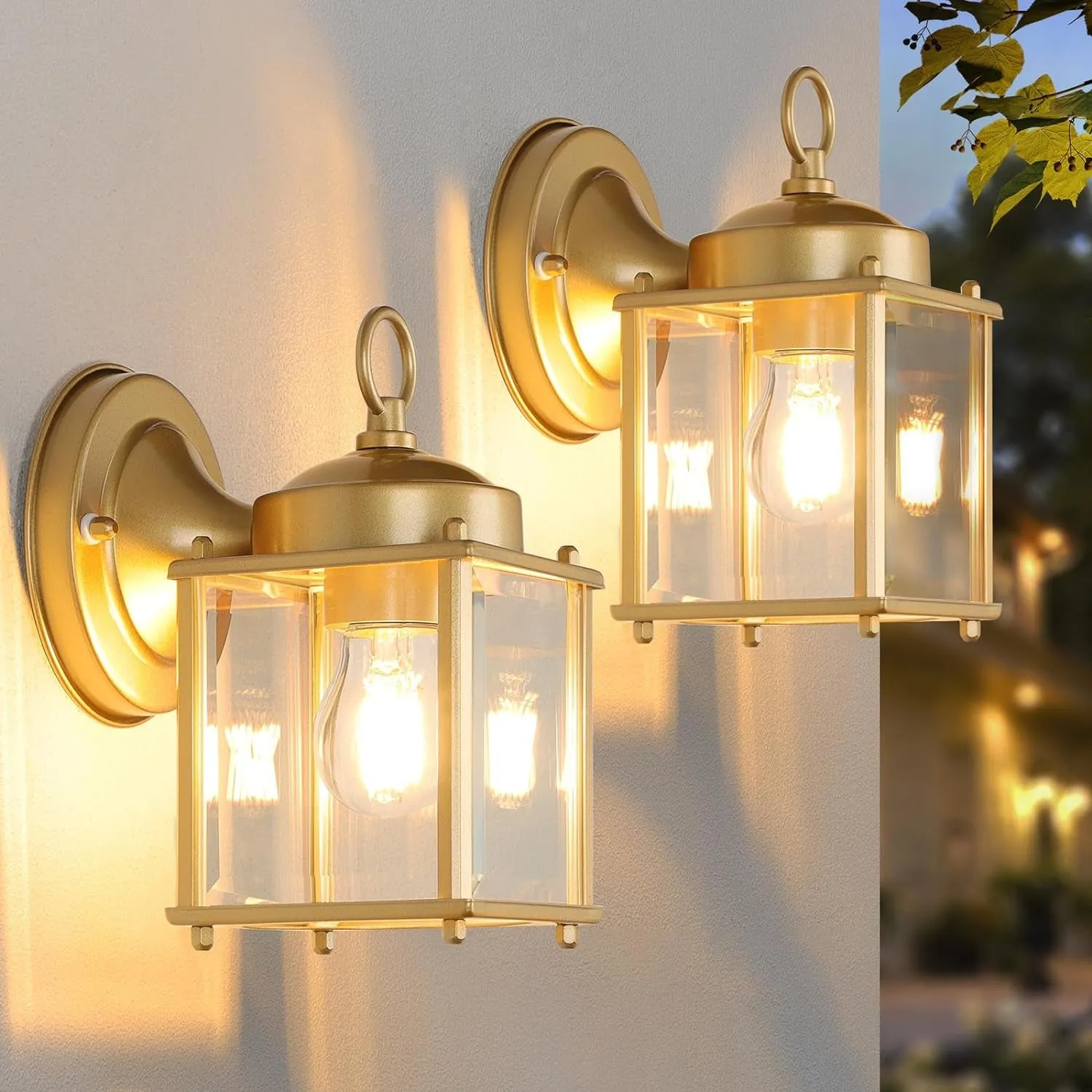 Outdoor Wall Lantern, Exterior Waterproof Wall Sconce Light Fixtures, Gold Front Door Wall Lighting with Clear Beveled Glass Shade, 2 Pack