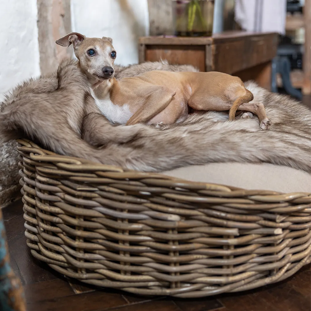 Oval Greywash Rattan Dog Basket & Reversible Mattress Set