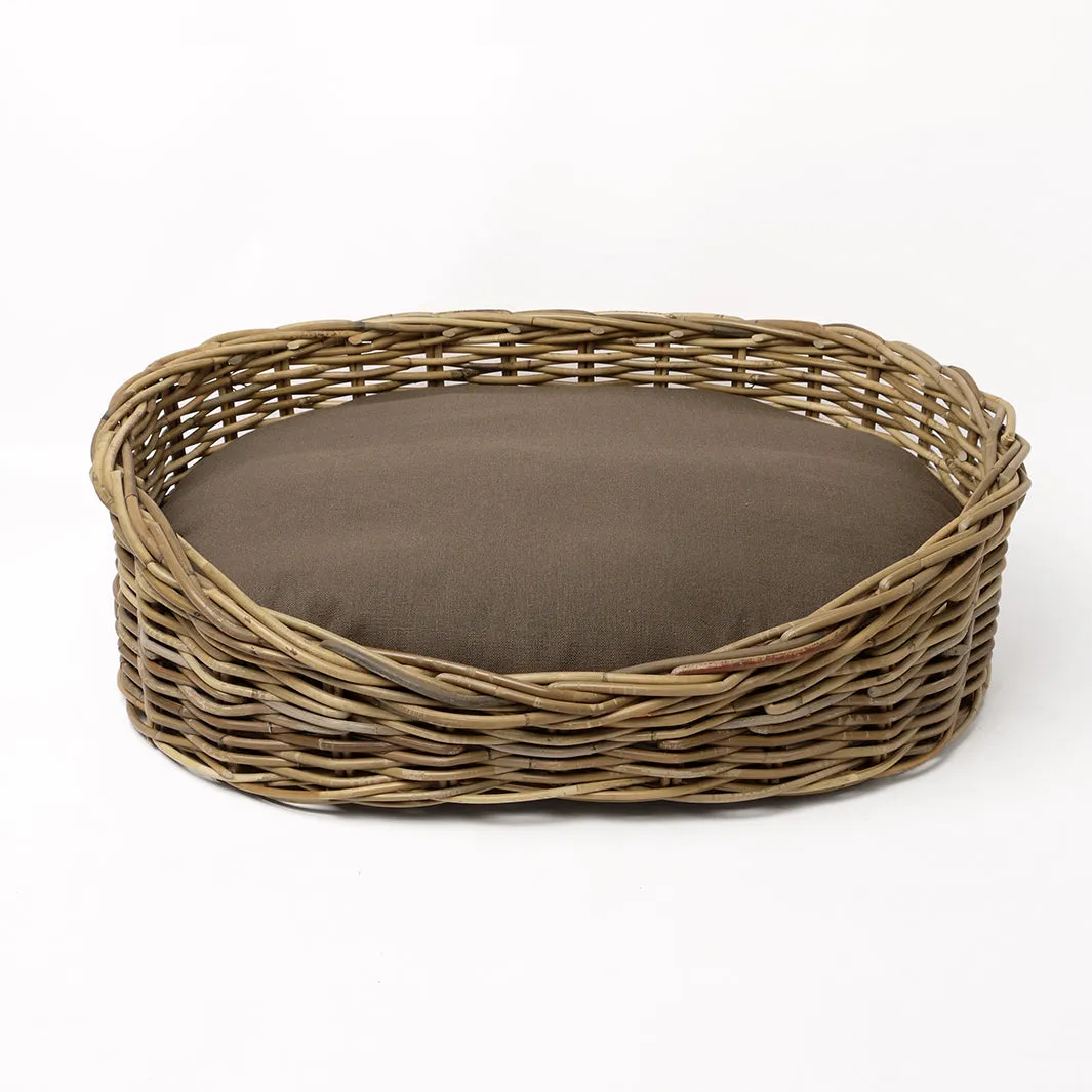 Oval Greywash Rattan Dog Basket & Reversible Mattress Set