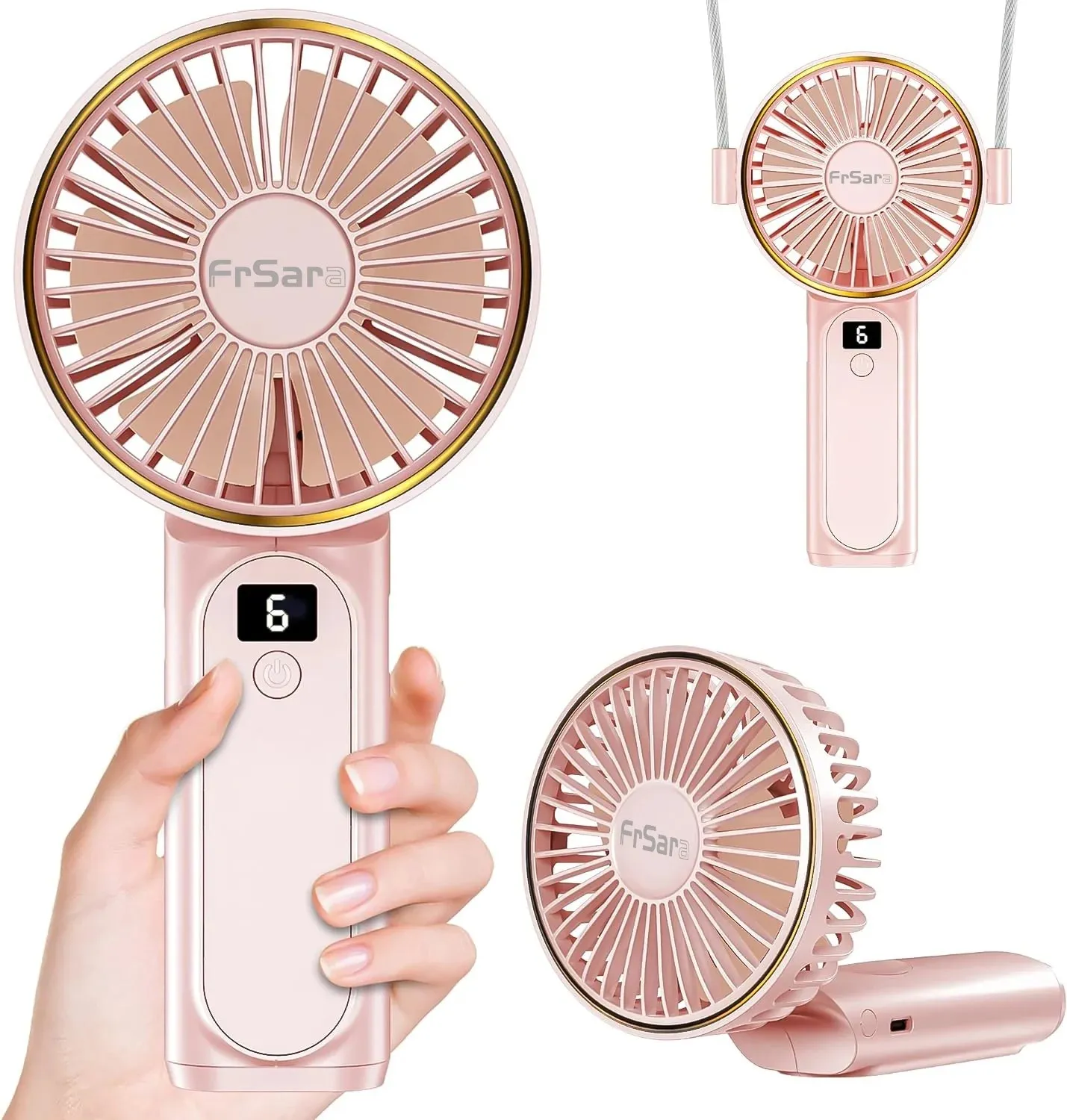 Portable Handheld Mini Fan, Neck Fan, 4000Mah Desk Fan, 180° Adjustable, 6 Speed Wind, Display Electricity in Real Time, USB Rechargeable Foldable Fan, Quiet Personal Fan with Power Bank Pink