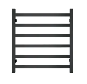 Premium Matte Black Heated Towel Rack - 6 Bars, Square Design, AU Standard, 650x620mm Wide