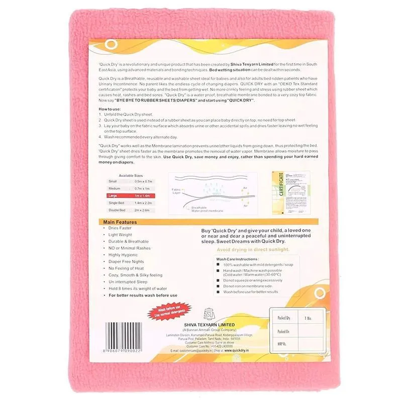 Quick Dry Baby Mat Bed Protector Waterproof Sheet Salmon Rose, Double Bed