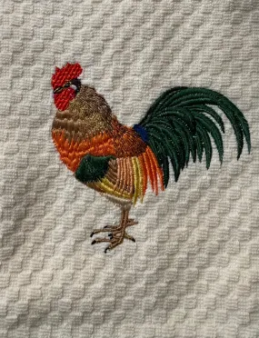 Rooster Embroidered Kitchen Towel. Detailed Realistic Rooster