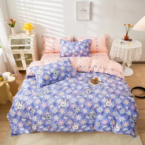 Single size without filler 4 pieces, Cute Flowers With Bunny Design, Bedding Set.