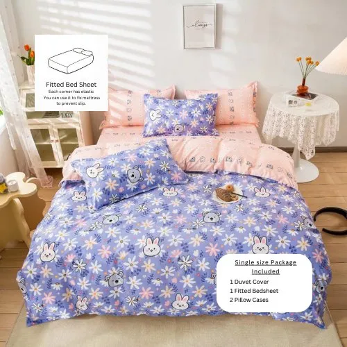 Single size without filler 4 pieces, Cute Flowers With Bunny Design, Bedding Set.