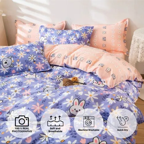 Single size without filler 4 pieces, Cute Flowers With Bunny Design, Bedding Set.