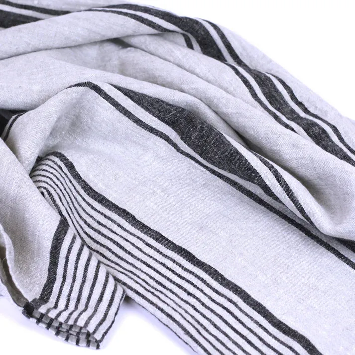 Stonewashed Linen Beach Towel - Grey with Black