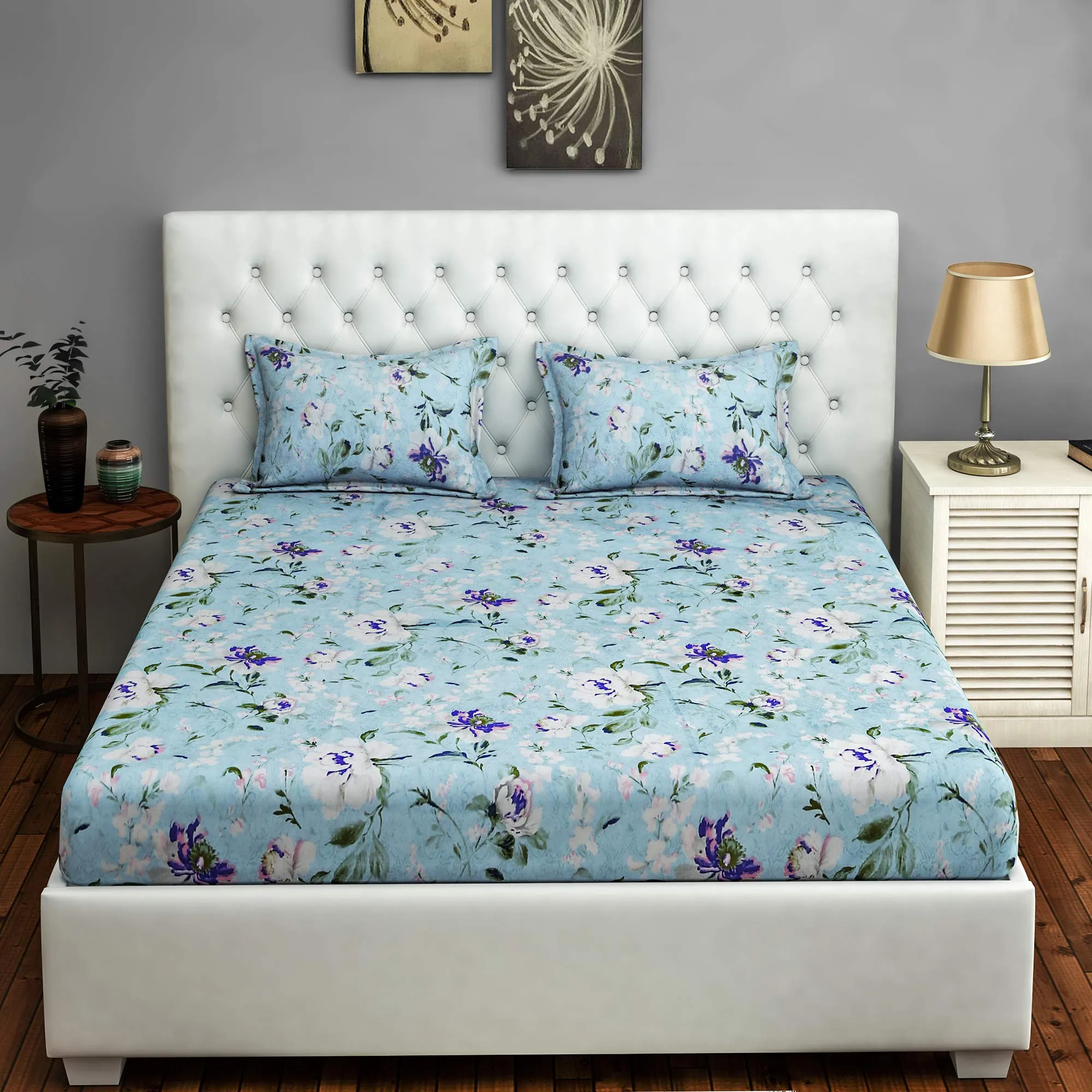 Swayam Sparkle Collection Cotton 144 TC Double Fitted Bedsheet with 2 Pillow Covers - Sea Blue