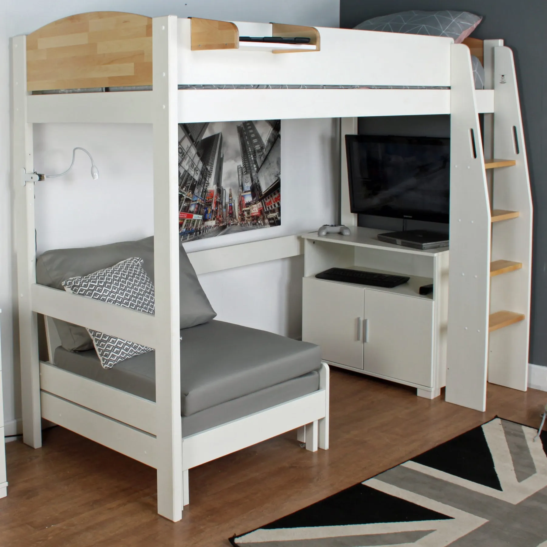 Urban White & Birch High Sleeper 3 with Sofabed & Cupboard - Kids Avenue