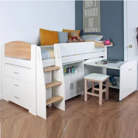 Urban White & Birch Midsleeper 1 with Pull Out Desk, Drawers & Cupboard - Kids Avenue