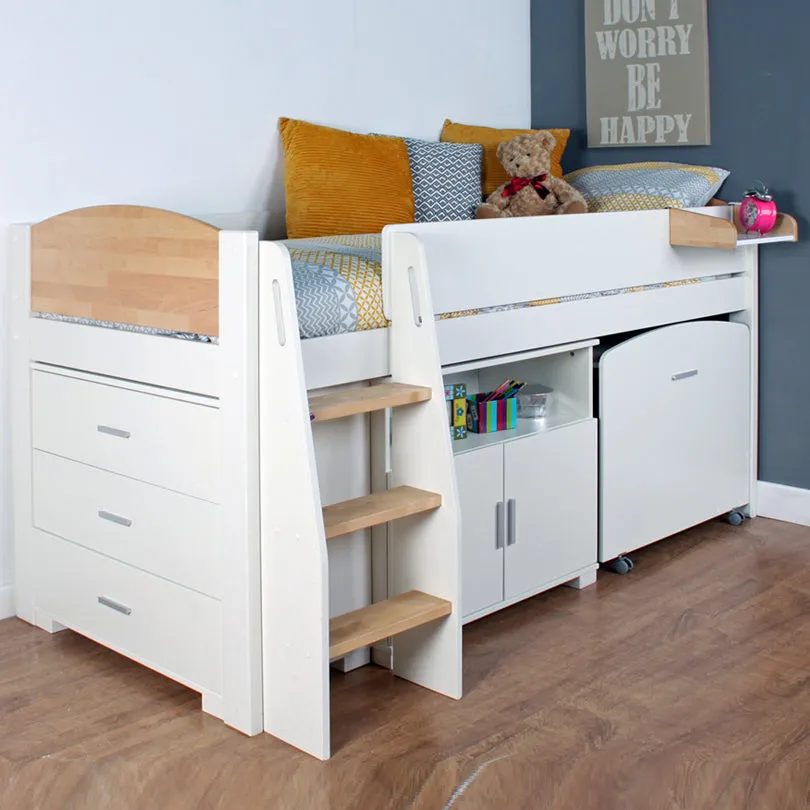 Urban White & Birch Midsleeper 1 with Pull Out Desk, Drawers & Cupboard - Kids Avenue