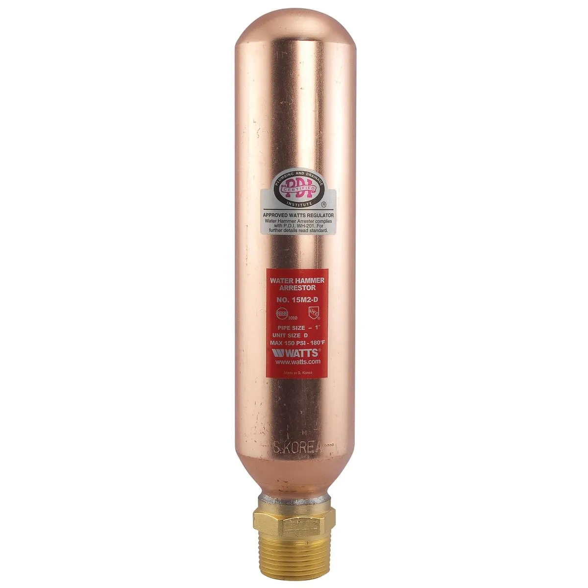 Watts LF15M2-D 1 2 In Lead Free Water Hammer Arrestor, Npt Brass Hex Adapter, Unit Size D