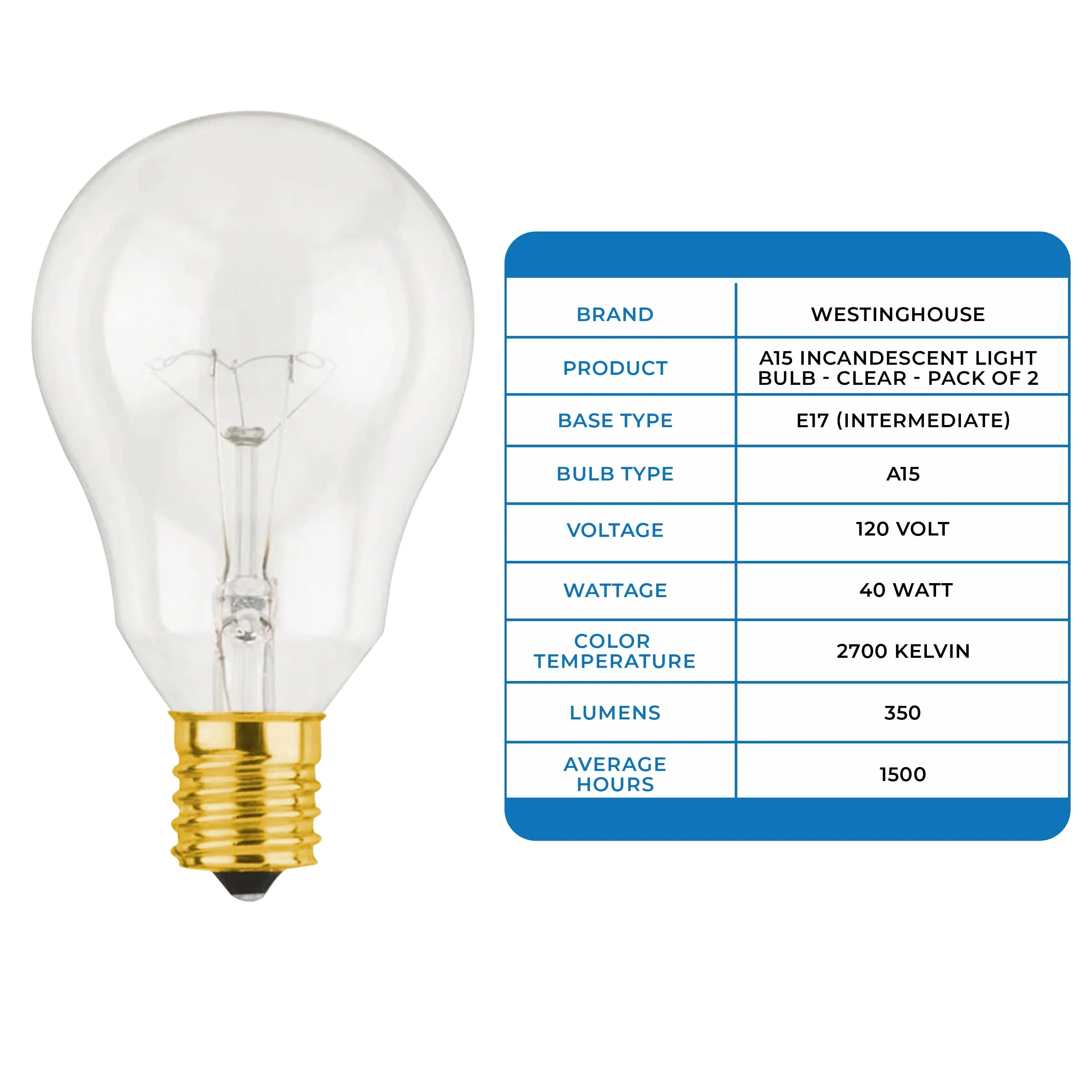 Westinghouse 0393600 40 Watt Incandescent A15 Clear - 2700 Kelvin - Warm White - 350 Lumens - E17-Intermediate Base - 120 Volt - Card - 2-Pack