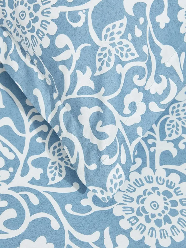 Westside Home Blue Floral Printed Double Bed Flat Sheet and Pillowcase Set