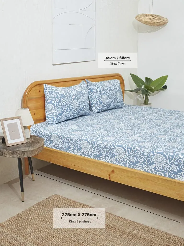 Westside Home Blue Floral Printed King Bed Flat Sheet and Pillowcase Set